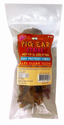 8 Ounce Pig Ear Pork Strips in a zip lock bag