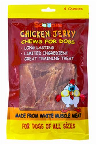 4 Ounce Brazilian Chicken Jerky in zip lock bag with color sticker and UPC