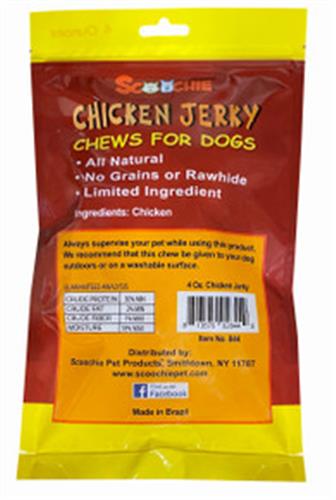 4 Ounce Brazilian Chicken Jerky in zip lock bag with color sticker and UPC