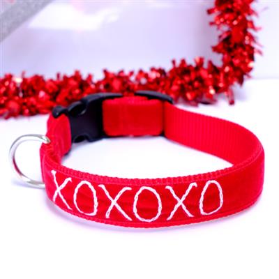 ‘XOXOXO’ Valentine Red Embroidered Velvet Dog Collar