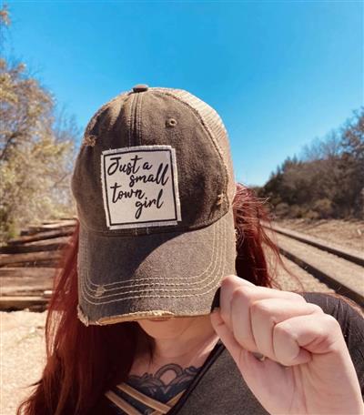 Black "Just A Small Town Girl" Distressed Trucker Cap