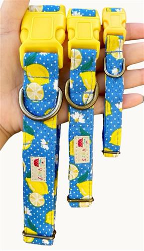 Lemonade – Blue Lemon Dog Collar | Handmade Organic Cotton Collar | Adjustable Dog Collar | Summer Fruit Dog Collars & Leashes