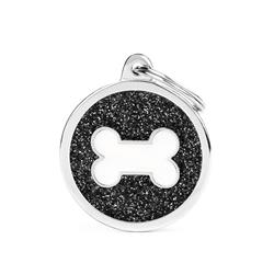 Black Big Glitter Circle White Bone ID Tag