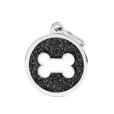 Black Big Glitter Circle White Bone ID Tag