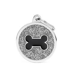 Silver Big Glitter Circle Black Bone ID Tag