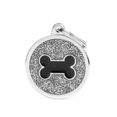 Silver Big Glitter Circle Black Bone ID Tag
