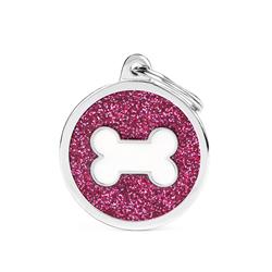 Pink Big Glitter Circle White Bone ID Tag