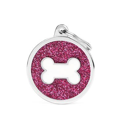 Pink Big Glitter Circle White Bone ID Tag