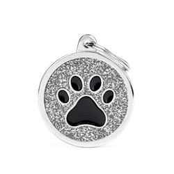 Silver Big Glitter Circle Black Paw ID Tag