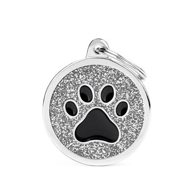 Silver Big Glitter Circle Black Paw ID Tag