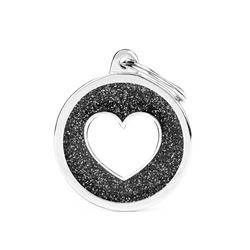 Black Big Glitter Circle White Heart ID Tag