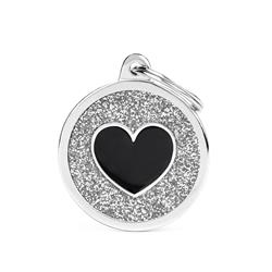 Silver Big Glitter Circle Black Heart ID Tag