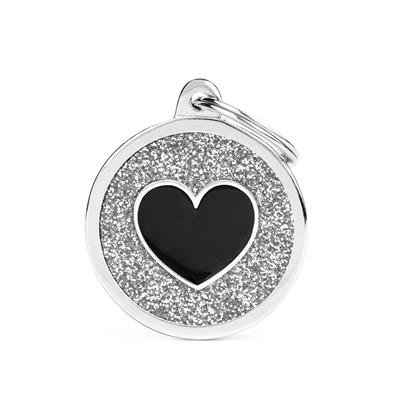 Silver Big Glitter Circle Black Heart ID Tag
