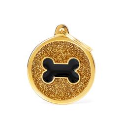 Gold Big Glitter Circle Black Bone ID Tag