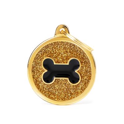Gold Big Glitter Circle Black Bone ID Tag