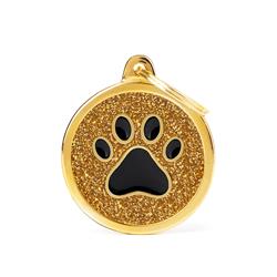 Gold Big Glitter Circle Black Paw ID Tag