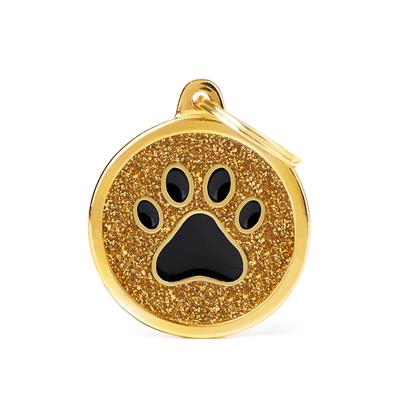 Gold Big Glitter Circle Black Paw ID Tag