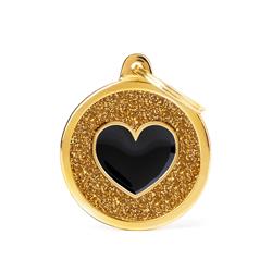 Gold Big Glitter Circle Black Heart ID Tag
