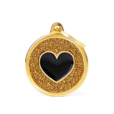 Gold Big Glitter Circle Black Heart ID Tag