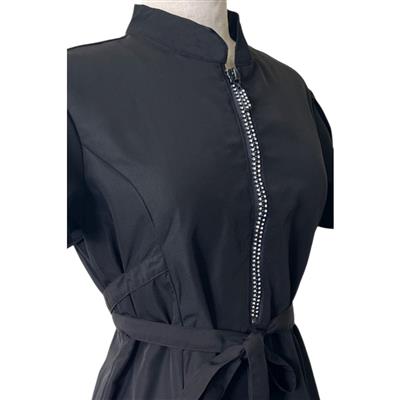 Classic Black Rhinestone Half Zipper Front Stylish Scrub Tunic by Ladybird Line