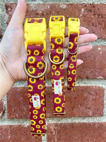 Sunflower Field – Maroon & Yellow Fall Dog Collar | Handmade Organic Cotton Collar | Adjustable Dog Collar | Handmade Organic Cotton Collars & Leashes