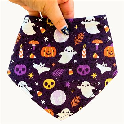 Halloweentown – Halloween Dog Bandana | Purple with Ghosts, Pumpkins & Skulls | Organic Cotton | Handmade in LA