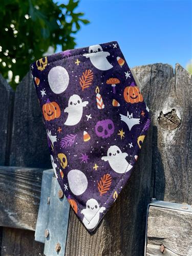 Halloweentown – Halloween Dog Bandana | Purple with Ghosts, Pumpkins & Skulls | Organic Cotton | Handmade in LA