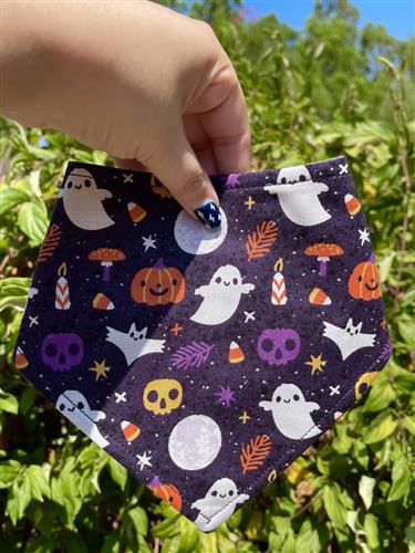Halloweentown – Halloween Dog Bandana | Purple with Ghosts, Pumpkins & Skulls | Organic Cotton | Handmade in LA