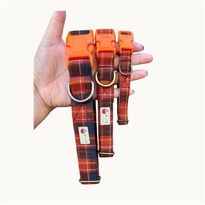 Autumn Plaid – Orange & Brown Dog Collar | Handmade Organic Cotton Collar | Adjustable Dog Collar | Handmade Organic Cotton Collars & Leashes