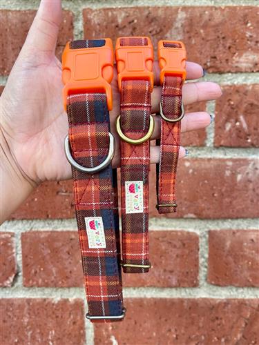Autumn Plaid – Orange & Brown Dog Collar | Handmade Organic Cotton Collar | Adjustable Dog Collar | Handmade Organic Cotton Collars & Leashes