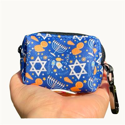 Hanukkah Dog Poop Bag Holder | Blue & Gold Waste Bag Dispenser | Holiday Pet Accessory | Recycled Neoprene | Jewish Dog Gift