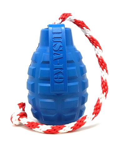 USA-K9 Grenade Durable Rubber Chew Toy, Treat Dispenser, Reward Toy, Tug Toy, and Retrieving Toy  - Steel Blue
