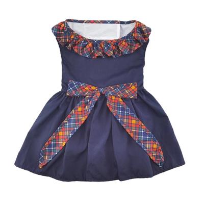 Navy Dog Dress with Plaid Ruffles