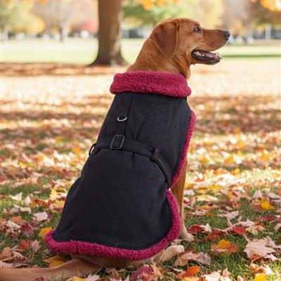 Sherpa-Lined Dog Harness Coat - Black and Burgundy Dots