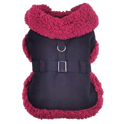 Sherpa-Lined Dog Harness Coat - Black and Burgundy Dots