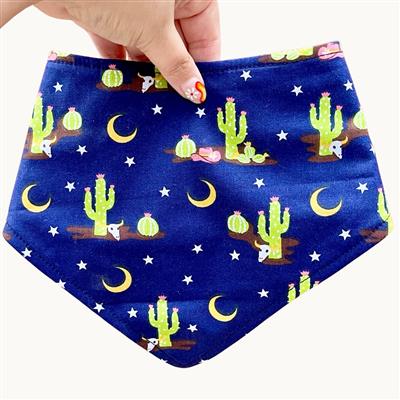 Midnight Cactus – Western Boho Dog Bandana | Navy Blue with Cacti, Moons & Floral Accents | Organic Cotton | Handmade in LA