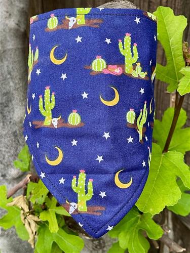 Midnight Cactus – Western Boho Dog Bandana | Navy Blue with Cacti, Moons & Floral Accents | Organic Cotton | Handmade in LA
