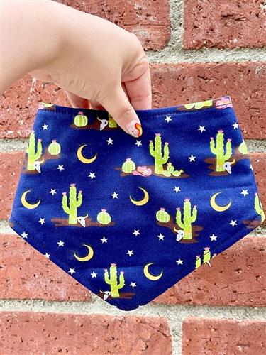 Midnight Cactus – Western Boho Dog Bandana | Navy Blue with Cacti, Moons & Floral Accents | Organic Cotton | Handmade in LA