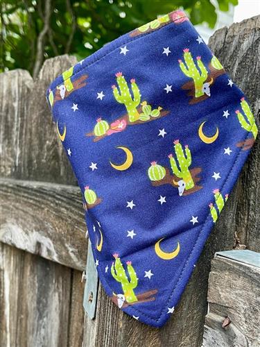 Midnight Cactus – Western Boho Dog Bandana | Navy Blue with Cacti, Moons & Floral Accents | Organic Cotton | Handmade in LA