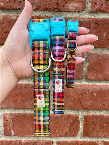 Rainbow Riot – Colorful Plaid Dog Collar | Multicolor Organic Cotton Collar | Adjustable Dog Collar | Handmade Organic Cotton Collars & Leash