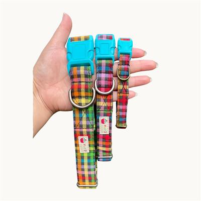 Rainbow Riot – Colorful Plaid Dog Collar | Multicolor Organic Cotton Collar | Adjustable Dog Collar | Handmade Organic Cotton Collars & Leash