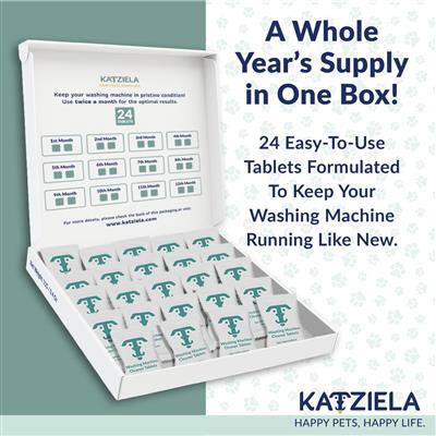 Katziela Washing Machine Cleaner Tablets – 24 Pack (12-Month Supply) – Formulated for Pet Owners – Helps Loosen Pet Hair & Eliminate Odors – Fragrance-Free, Enzyme-Based – Septic Safe & HE Compatible