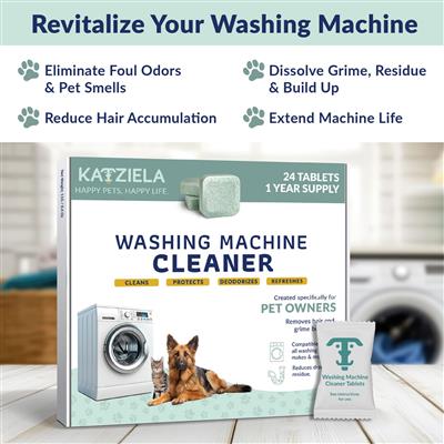 Katziela Washing Machine Cleaner Tablets – 24 Pack (12-Month Supply) – Formulated for Pet Owners – Helps Loosen Pet Hair & Eliminate Odors – Fragrance-Free, Enzyme-Based – Septic Safe & HE Compatible