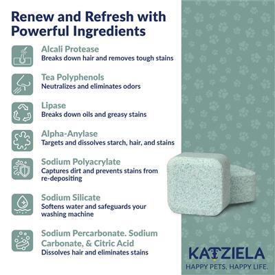 Katziela Washing Machine Cleaner Tablets – Pro Version (40% More Cleaning Power) –  Designed for Pet Owners – Fights Hair Buildup & Strong Odors – Fragrance-Free, Enzyme- Based – Safe for HE, Top & Front Load – Septic Safe – 24 Tablets (12-Month Supply)
