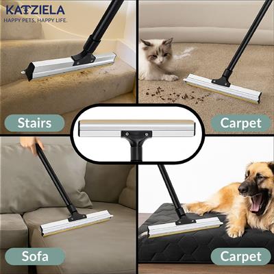 Katziela DuoSweep Broom – Dual-Sided Pet Hair Remover with Metal &amp; Rubber Blade Multi-Surface Cleaner for Carpet, Hardwood &amp; Tile – Includes Water Control Squeegee Attachment