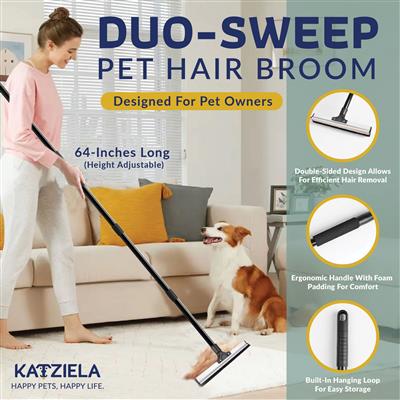Katziela DuoSweep Broom – Dual-Sided Pet Hair Remover with Metal &amp; Rubber Blade Multi-Surface Cleaner for Carpet, Hardwood &amp; Tile – Includes Water Control Squeegee Attachment