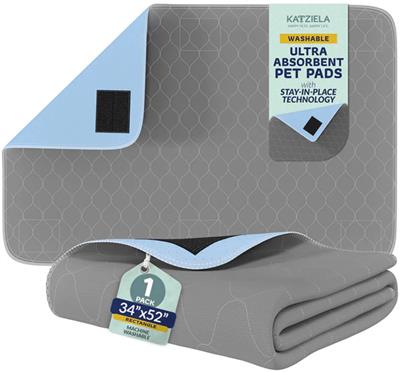 Katziela Quick-Drying Washable Pee Pads for Dogs (1 Pack 34x52 Rectangular) Waterproof Reusable Puppy Pads with Hook & loop; Loop Corners for Pet Potty Training, Housebreaking, Daycare - Machine Washable Dog Pee Pad