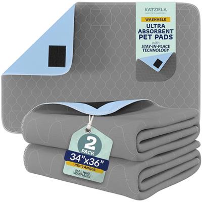 Katziela Quick-Drying Washable Pee Pads for Dogs (2 Pack 34x36 Rectangular) Waterproof Reusable Puppy Pads with Hook and Loop Corners for Pet Potty Training, Housebreaking, Daycare - Machine Washable Dog Pee Pad