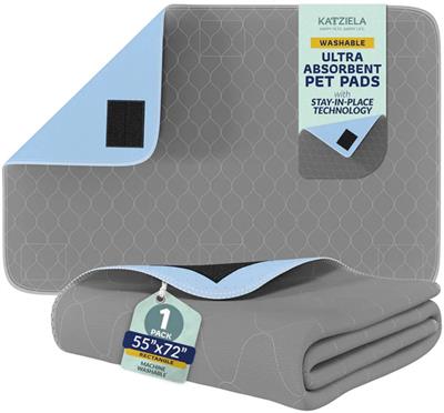 Katziela Quick-Drying Washable Pee Pads for Dogs (1 Pack 55x72 Rectangular) Waterproof Reusable Puppy Pads with Hook and Loop Corners for Pet Potty Training, Housebreaking, Daycare - Machine Washable Dog Pee Pad