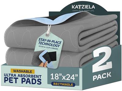 Katziela Quick-Drying Washable Pee Pads for Dogs (2 Pack 18x24 Rectangular) Waterproof Reusable Puppy Pads with Hook and Loop Corners for Pet Pott Training, Housebreaking, Daycare - Machine Washable Dog Pee Pad
